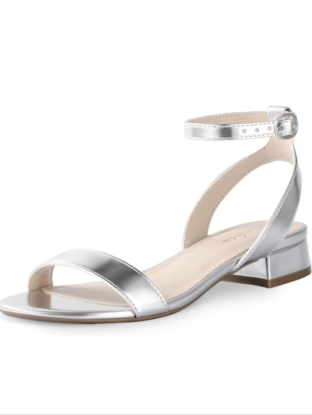 Silver Ankle-Strap Low Block Heel Sandals